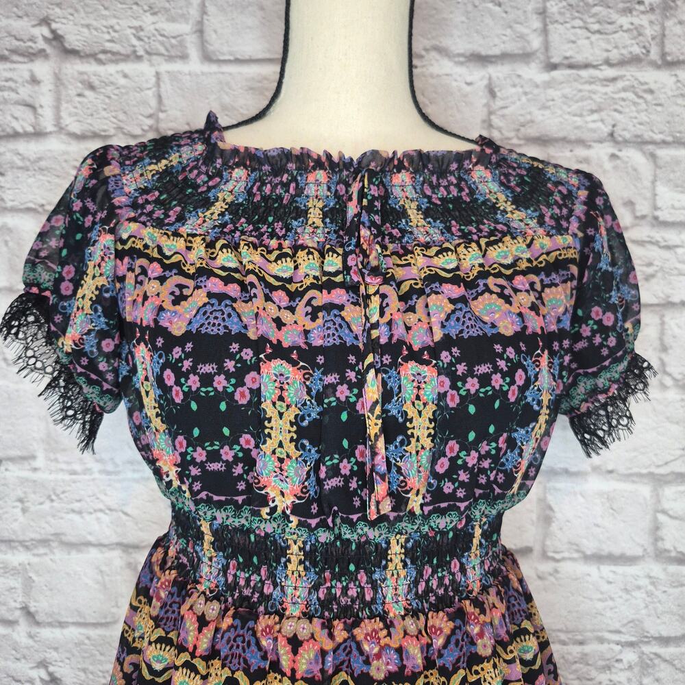 Sui Anna Sui Smocked Boho Peasant Dress Black Lace Multicolor Tribal Print Sz S - Picture 4 of 11